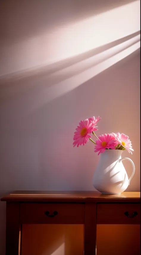 there is a vase with flowers on it in a room, surreal waiizi flowers, intense sunlight, very beautiful ambient light, soft bloom...