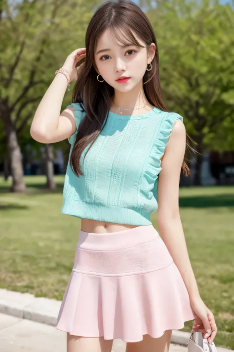 1 girl、bright spring clothes、mini skirt、(muste piece: 1.1),  (best quality: 1.1)、(highly detailed skin), (best quality:1.0), (ultra high resolution:1.0) ,(realistic photo:1.0), (Super detailed:1.0), (8K, Raw photo:1.1),