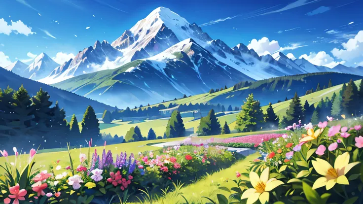 Looking up,garden,With small flowers as the foreground,Mountains in the distance,Large depth of field