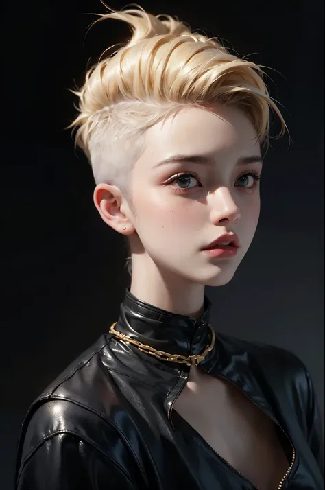 a 20 yo woman, blonde, (hi-top fade:1.3), dark theme, soothing tones, muted colors, high contrast, (natural skin texture, hyperr...