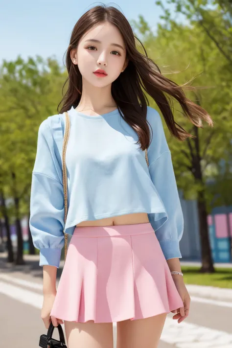 1 girl、bright spring clothes、mini skirt、(muste piece: 1.1),  (best quality: 1.1)、(highly detailed skin), (best quality:1.0), (ultra high resolution:1.0) ,(realistic photo:1.0), (Super detailed:1.0), (8K, Raw photo:1.1),