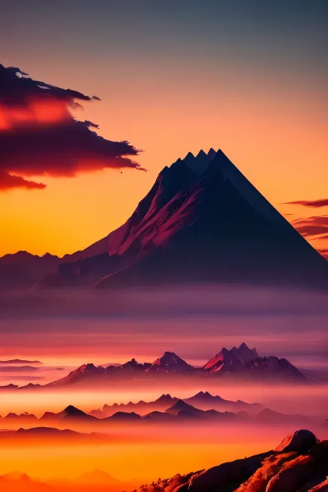 Multiple layers of silhouetted mountains, elegantly depicted with sharp edges, grace the horizon of this breathtaking sunset scene. Stretching high into the heavens, a silhouetted big rocket adorns the sky, marking an impressive contrast against the backdr...