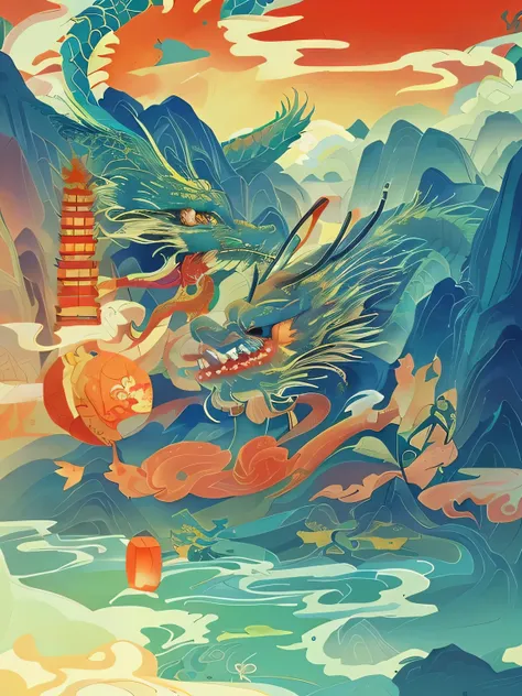 Dragon and architectural painting close-up, Chinese dragon concept art, dragon art, A beautiful artistic illustration, g liulian art style, Japanese traditional concept art, Chinese watercolor style, studio ghibli and dan mumford, Highly detailed digital a...