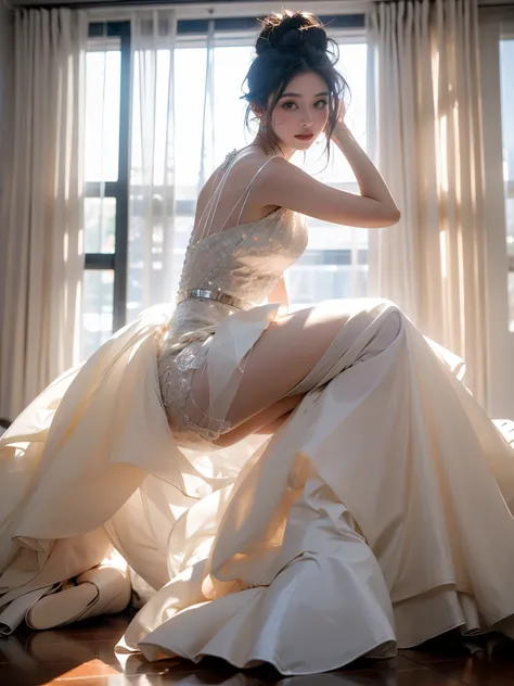 a girl, Wear a transparent wedding dress, white transparent wedding dress, full body picture, Slim, long legs