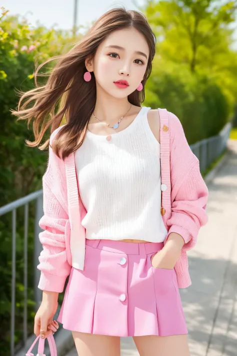 1 girl、bright spring clothes、Pink lip balm、mini skirt、(muste piece: 1.1),  (best quality: 1.1)、(highly detailed skin), (best quality:1.0), (ultra high resolution:1.0) ,(realistic photo:1.0), (Super detailed:1.0), (8K, Raw photo:1.1),