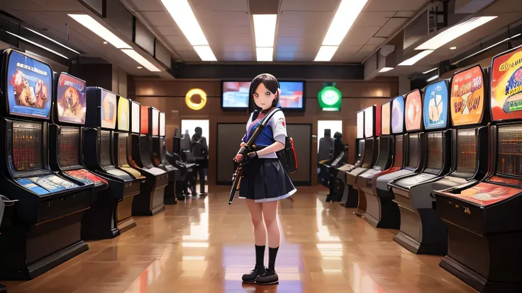 A young girl with a weapon stands in front of an answer board in an empty square，Surrounded by various King of Fighters characters，There are game posters around，