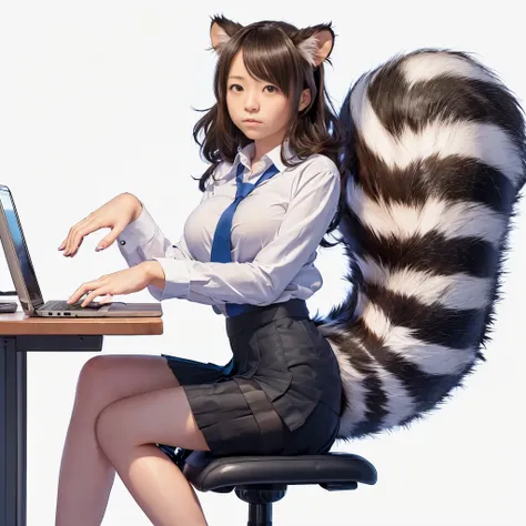 a woman sitting in a chair with a laptop and a tanuki tail, ( (software) safe for work, on pixiv, fur with tail, software version, coworkers, realistic style, , realistic style , two beautiful girls, photograph, 最high quality, (Her miniskirt is flipped up ...