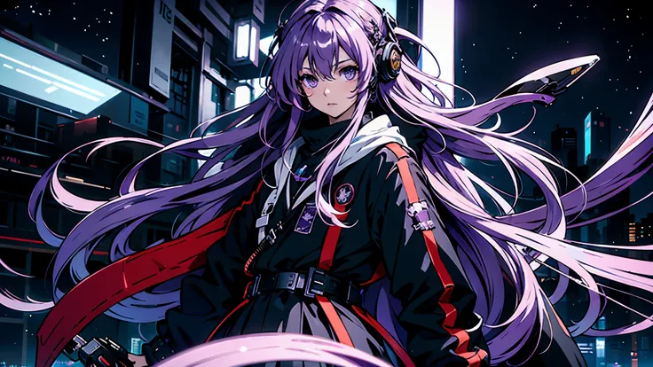 sea，night，Star，purple long hair，purple eyes，Purple coat，8K resolution，anime, high quality，earphone，eyes glow