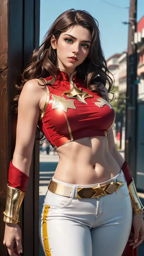 ( Masterpiece, 4k resolution, ultra-realistic, very detailed) ((realistic) (cinematic) (A beautiful female Turkish superhero  , (green eyes) and (long dark brown wavy hair), she wears a (red sleeveless outfit with a star symbol on her chest)   (, with gold...