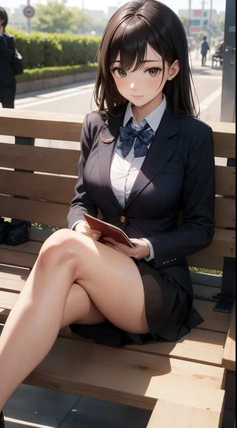 a lovely 35-year-old lady wearing a business suit and tight skirt is sitting on a horizontal wooden bench at the station, readin...