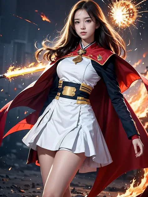 (1 female high school student,alone),whole body, slope_background, ((on fire,breathingfire, explode,fire tail)), torn clothes,cape,trumpet,Keep_sword, 