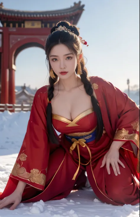 The freeze of hyper-realistic movies, in the Tani Dynasty at the ancient city gate all day long, A beautiful woman wearing a traditional Chinese dress and a scarlet robe was falling from the top floor of the city gate onto the snow-covered ground below.. F...