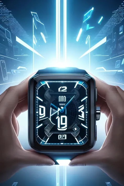 A fascinating 3D illustration featuring a man holding a sleek, futuristic smart watch in his hand. (advanced technology:1.2), (high-tech:1.1), (state-of-the-art:1.1), (innovative design:1.1), hooked on his wrist, (LED display:1.3), (interactive user interf...