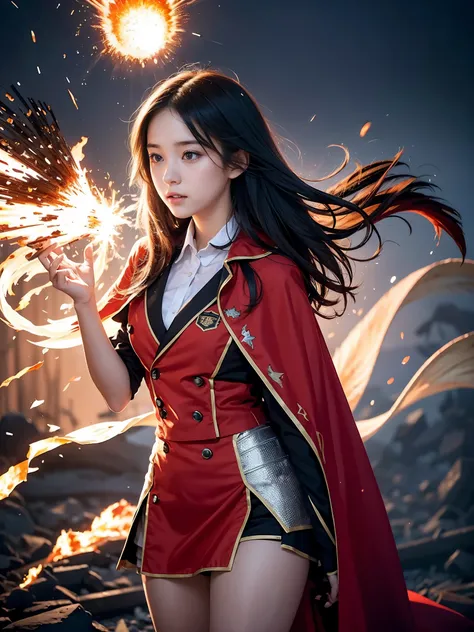 (1 female high school student,alone),whole body, slope_background, ((on fire,breathingfire, explode,fire tail)), torn clothes,cape,trumpet,Keep_sword, 