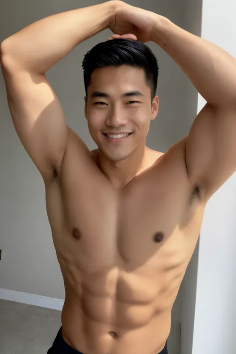 RAW photo in sequence, a photo of a young Asian man, ((selfie da parte superior do corpo, feliz)), 8-pack defined abs, formato do rosto olhos boca de Edison Chen, olhar penetrante de Chen Daoming, detalhes perfeitos da pele, sorriso radiante, cabelo curto ...