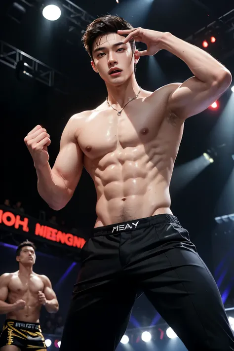 A masculine young man in his early 30s, with dark brown hair, the distinct face shape of Edison Chen, the intense gaze of Chen Daomings eyes, and an aura of undeniable masculine energy. In the vibrant atmosphere of the club, his chiseled 8-pack abs were on...