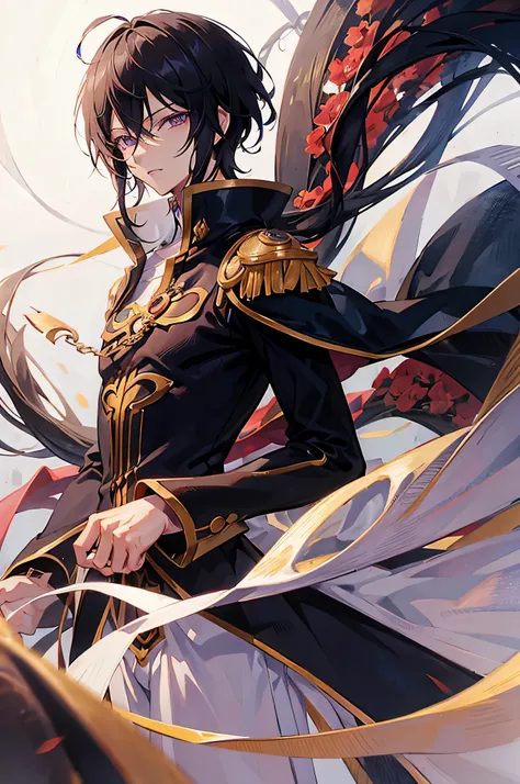 anime boy, long eyelashes, lelouch, masterpiece, unsharp, 8k resolution, lelouch vi Britannia, hair down, black hair, detailed eyes, detailed hair, attractive slim hand, short anime hair, intricate facial expression, sharp jawline, attractive