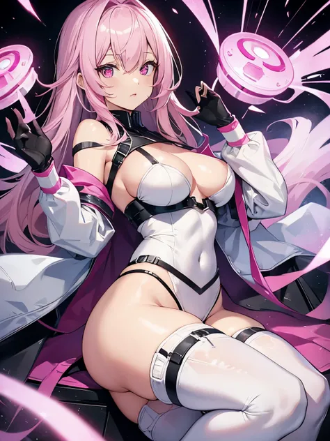 White and pink hair　pink eyes　　villain　tits　gloves　sexy　thighs　butt