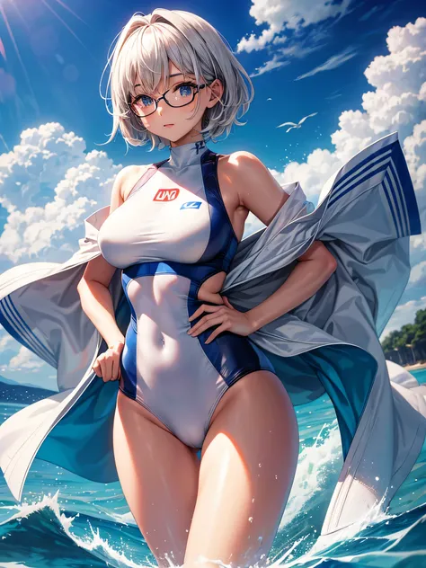 Top quality 8K UHD、pieces fly、cute eyes、Glasses、White competitive swimsuit、White latex high neck competitive swimsuit、white metallic high neck swimsuit、Glasses、short hair、Glassesをかけた短髪の銀髪美女、wet skin、from the chest up、put your hand on your waist