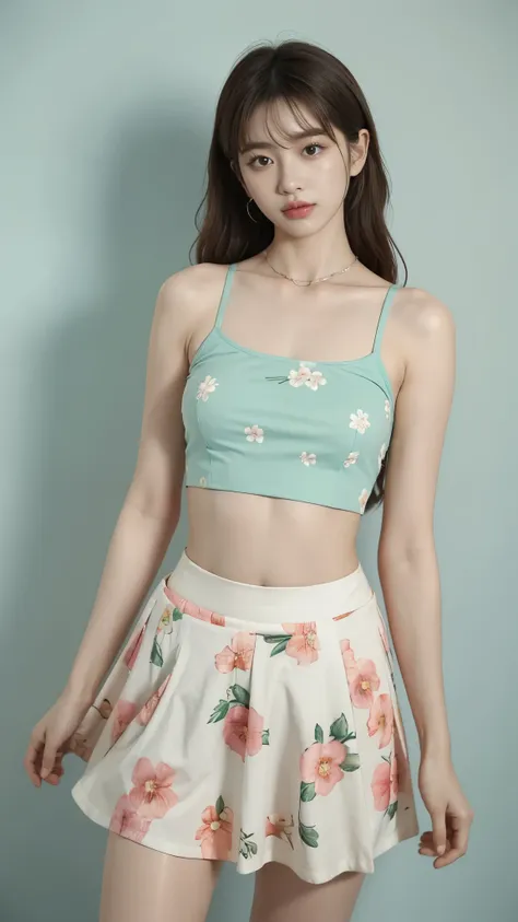 a woman in a floral crop top and mint skirt posing for a picture, croptop, crop top, bralette, wearing white camisole, bae suzy,...