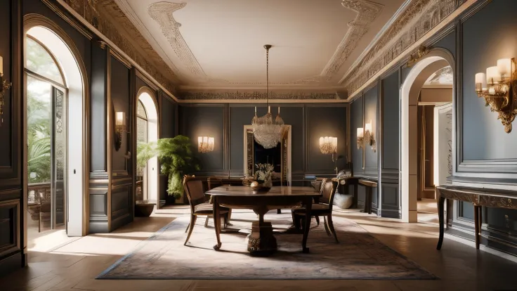 ((best quality)), ((masterpiece)), (detailed), perfect face, hyper ultra realistic photographs full body of The blurred image of a grand hallway reveals antique furniture and ornate moldings, but instead of warmth, a chilling sensation creeps in. The indis...