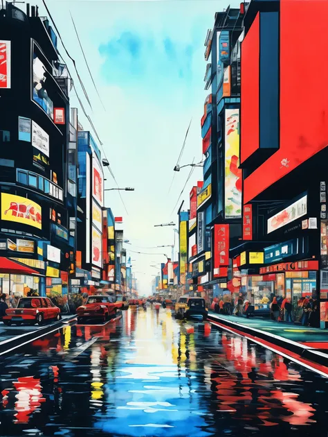 ((best quality)), ((masterpiece)), (detailed), watercolor. Low-angle perspective, a Japanese punk with blonde hair and red lips. cityscape, city pop aesthetics, minimalism