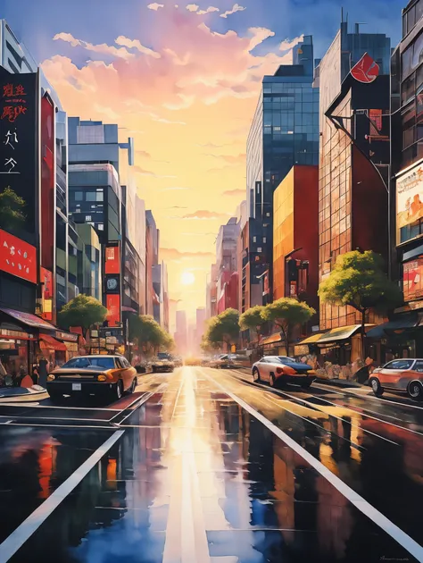 ((best quality)), ((masterpiece)), (detailed), watercolor. Low-angle perspective, a Japanese punk with blonde hair and red lips. cityscape, city pop aesthetics, minimalism