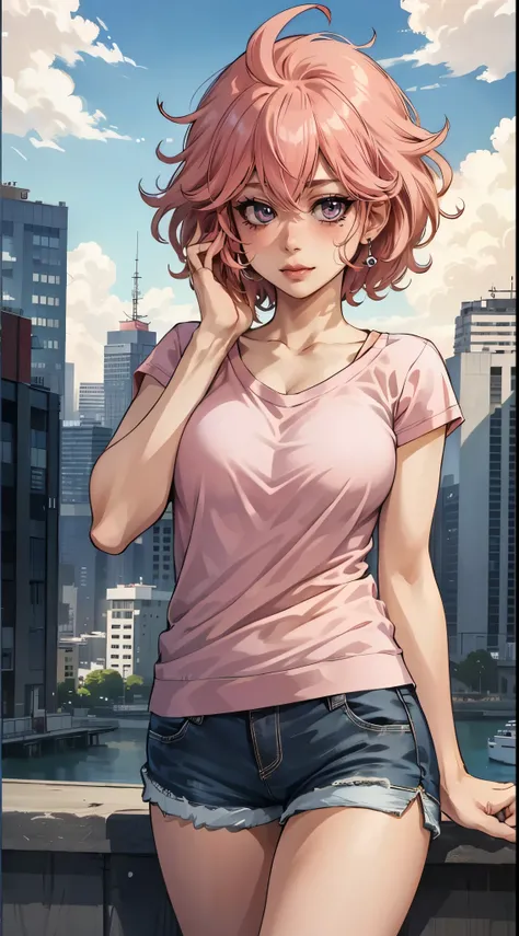 (best quality:1.3), (4k quality), 1 mature woman, Mina Ashido by boku no hero, ((Detailed face)), (blush), city, (shorts)