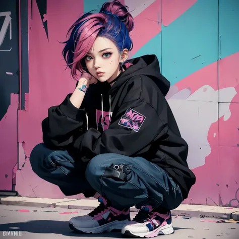 anime girl with pink hair crouching down on a skateboard, anime style 4 k, cyberpunk anime girl in hoodie, cyberpunk anime girl, digital cyberpunk anime art, modern anime style, urban girl fanart, high quality anime artstyle, female cyberpunk anime girl, 8...