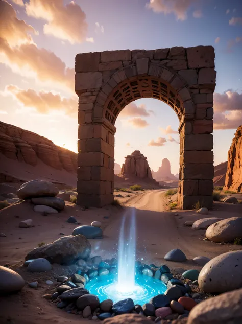 Masterpiece, ultra realistic, from ground, a Stargate in a desert area, with rocks and pebbles, mini-tornadoes in the distance. Foreground blurry rocks.