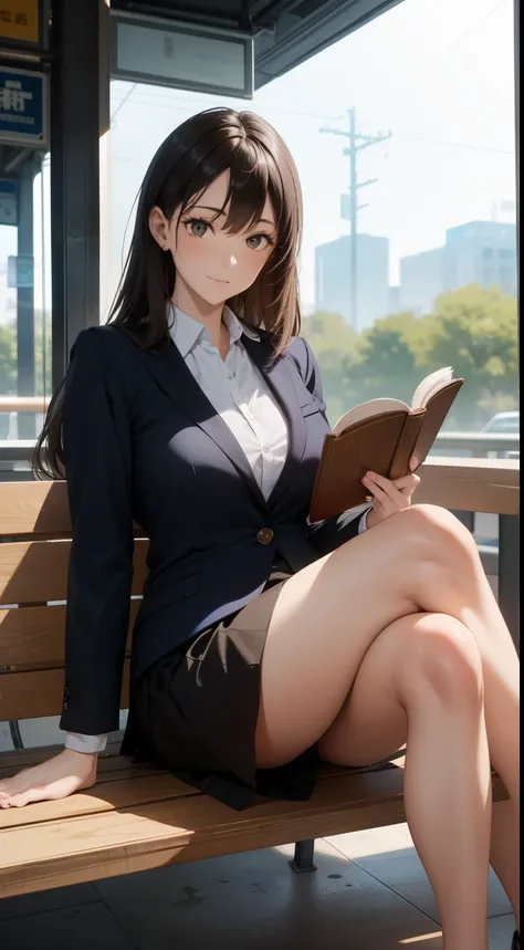 a lovely 35-year-old woman wearing a business suit and tight skirt is sitting on a horizontal wooden bench at the station, readi...