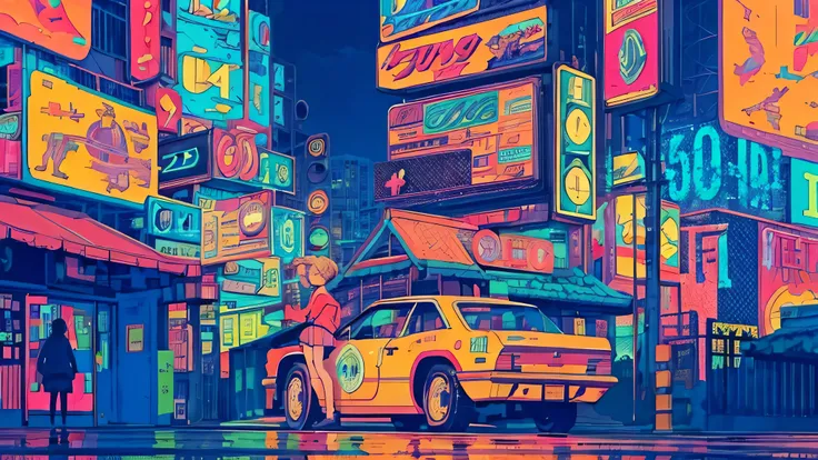 best quality, 4K wallpaper, masterpiece, extremely detailed CG unity 8k wallpaper, extremely detailed eyes, ultra-detailed, intricate details, 1girl, retro art style, neon_pop art style,  public, outdoors, road sign, city, people