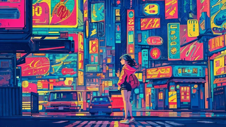 best quality, 4K wallpaper, masterpiece, extremely detailed CG unity 8k wallpaper, extremely detailed eyes, ultra-detailed, intricate details, 1girl, retro art style, neon_pop art style,  public, outdoors, road sign, city, people