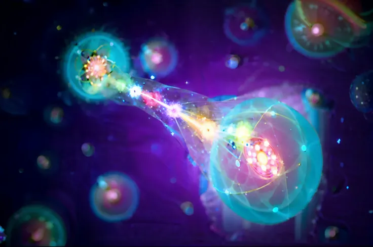 quantum engagement, two particles, ghostly particles, bright blue and red objects, one far and one close, bright light in the middle of two particles, the particles are colorful, There is a bright light pulling the two particles in the middle, There are ma...