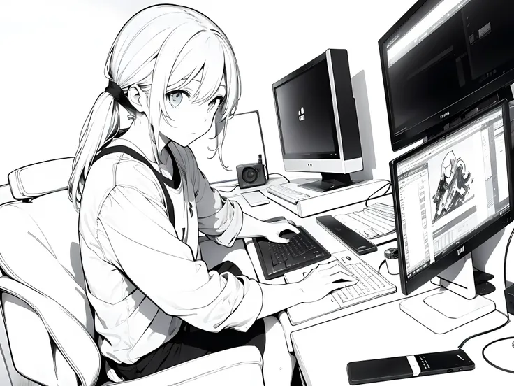 1 man, professional gamer, playing game on his computer, the background is white, monochrome (clear line, lineart)