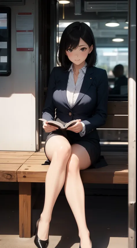 a lovely 35-year-old woman wearing a business suit and tight skirt is sitting on a horizontal wooden bench at the station, readi...