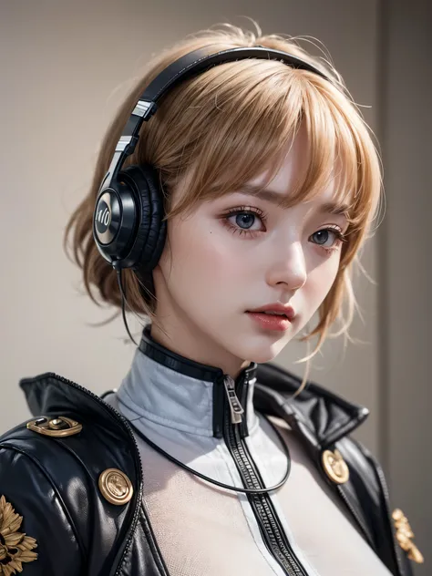 (best picture quality，4k,8k，high-definition，masterpiece:1.2)，Ultra-detailed，(lifelike，lifelike，lifelike:1.37)，AI characters，（Virtual digital humans：woman，20 years old，white short hair，Delicate facial features，Exquisite makeup，Detailed skin，wireless headset...