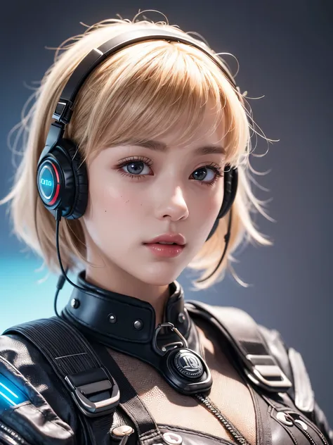 (best picture quality，4k,8k，high-definition，masterpiece:1.2)，Ultra-detailed，(lifelike，lifelike，lifelike:1.37)，AI characters，（Virtual digital humans：woman，20 years old，white short hair，Delicate facial features，Exquisite makeup，Detailed skin，wireless headset...