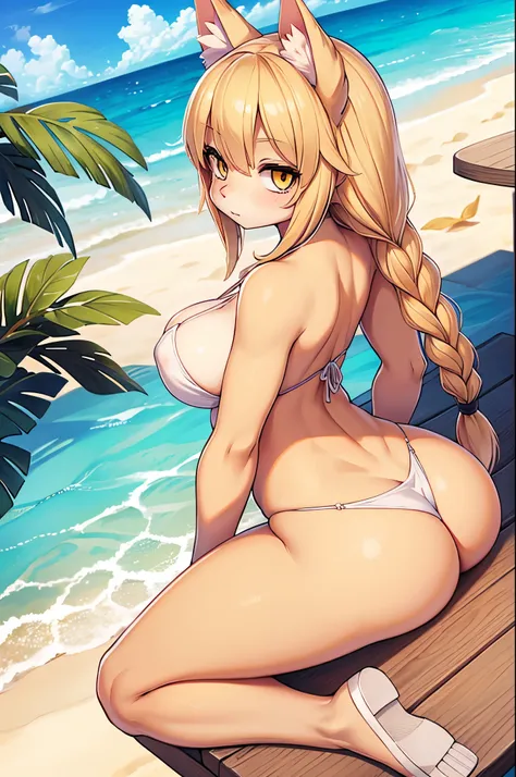 Professional Photography, ((backshot)), g-string, ((sunbathing)), from above:1.8, on sand, oiled body, 
BREAK, 
(Catgirl), blonde hair, detailed eyes, long legs, braid, medium breast, Yellow eyes,
BREAK, 
((Attending a beach bar in a tropical location)),