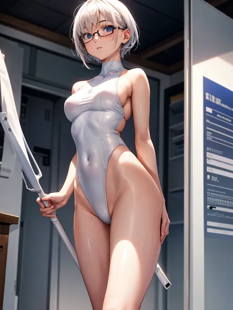 Top quality 8K UHD、pieces fly、cute eyes、Glasses、White competitive swimsuit、White latex high neck competitive swimsuit、white metallic high neck swimsuit、Glasses、short hair、Glassesをかけた短髪の銀髪美女、wet skin、from the chest up、Put your hands behind your hips