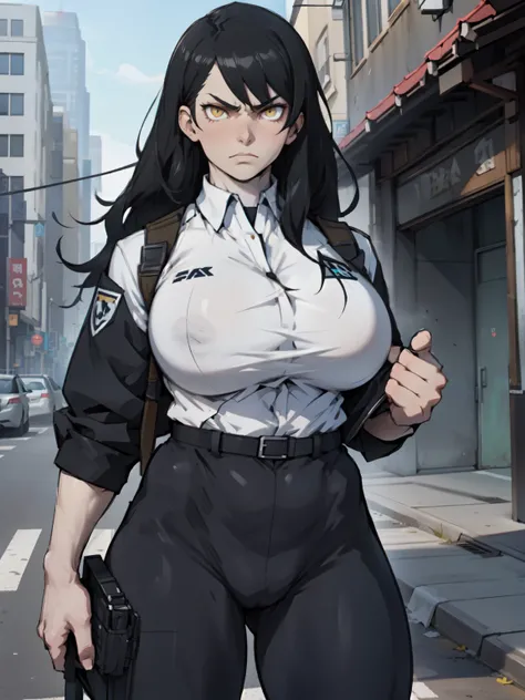 (1 girl), black hair, Hair is particularly long, yellow eyes, ((muscular)), huge breasts, Thick thighs, alone, angry, (pale skin), cowboy shooting, (Uniforms)