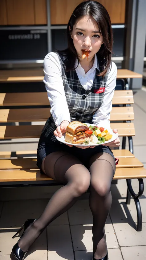 Ulchan-6500-v1.1, (RAW photo:1.2), (Photoreal), (genuine:1.4), １girl、perfect anatomy、48 years old、look at the camera、medium long hair、plaid vest、((sit on a bench and eat lunch:1.3))、(super realistic pantyhose:1.2), (high heels)、(Business service)、