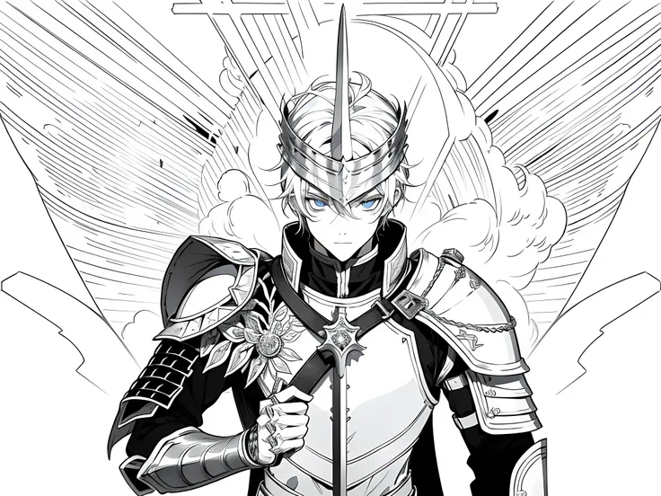 1 knight , full armor, holding a sword on his right hand, detailed eyes, anime fencer, key anime art, an edgy teen assassin, the background is white, monochrome (clear line, lineart)
