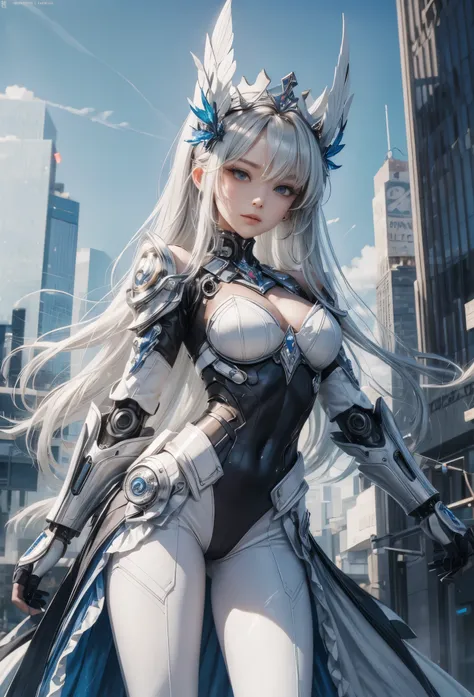 (detailed illustrations,Very detailed and precise drawing,Delicate drawn lines with tempo,Realistic texture expression),[color traced main line],[Modern city skyscrapers background],(ANIME)(A pure white GIANTROBOT Girl towering over the building area(SKINN...