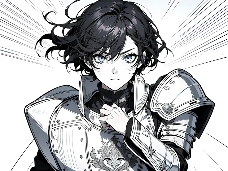 1 knight , full armor, detailed eyes, black hair, wavy hair, short hair, anime fencer, key anime art, an edgy teen assassin, the background is white, monochrome (clear line, lineart)