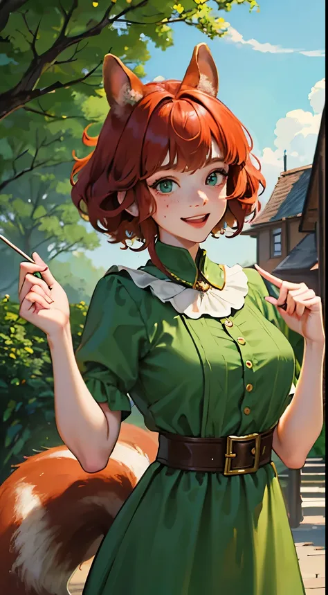 Young girl, squirrel girl, with squirrel ears and tail, short red hair, curly hair, green eyes, freckles, smiling face, a house like an acorn, a green forest on the background, old Russian dress, masterpiece, high quality