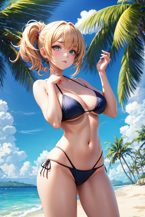 European beauty, anime style, high eyebrows, deep eyes, bikini, beach, palm trees