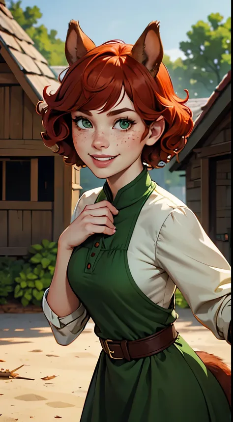 Young girl, squirrel girl, with squirrel ears and tail, short red hair, curly hair, green eyes, freckles, smiling face, a house inside big acorn on the background, old Russian dress, masterpiece, high quality
