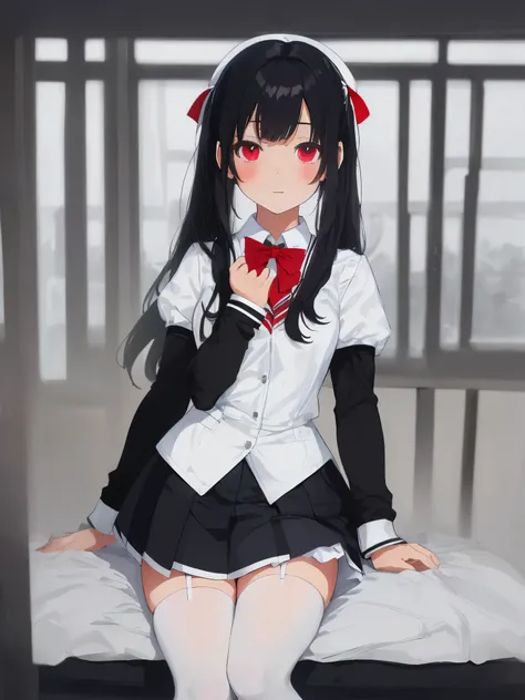 high school student, Uniforms, black stockings, white stockings, White school top, blue school skirt, Red bow tie, Good shape, white hair, black hair, ultra high resolution, best quality, ultra high resolution