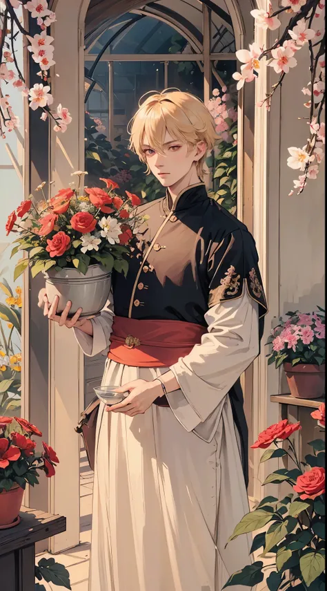 extremely delicate and beautiful, Amazing, finely detail, masterpiece, ultra-detailed, highres,best illustration, best shadow,intricate,sharp focus,  high quality, 1male, solo, blond hair. red eyes, kaveh genshin impact, glass greenhouse, flowers in pots, ...